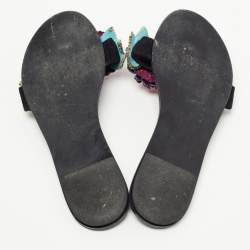 Sophia Webster Black Suede Glitter And Crystal Floral Embellished Lilico Flat Slides Size 38.5