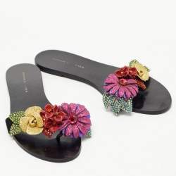 Sophia Webster Black Suede Glitter And Crystal Floral Embellished Lilico Flat Slides Size 38.5