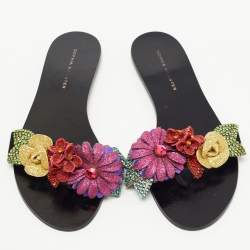 Sophia Webster Black Suede Glitter And Crystal Floral Embellished Lilico Flat Slides Size 38.5
