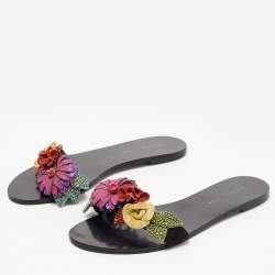 Sophia Webster Black Suede Glitter And Crystal Floral Embellished Lilico Flat Slides Size 38.5