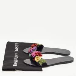 Sophia Webster Black Suede Glitter And Crystal Floral Embellished Lilico Flat Slides Size 38.5