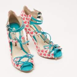Pre Owned Sophia Webster Multicolor Nylon And Leather Heart Print Ankle Strap Pumps Size 38