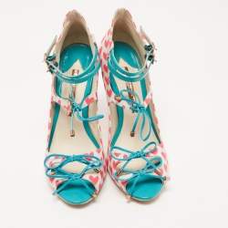 Pre Owned Sophia Webster Multicolor Nylon And Leather Heart Print Ankle Strap Pumps Size 38