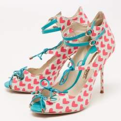 Pre Owned Sophia Webster Multicolor Nylon And Leather Heart Print Ankle Strap Pumps Size 38