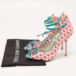 Pre Owned Sophia Webster Multicolor Nylon And Leather Heart Print Ankle Strap Pumps Size 38