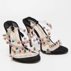 Pre Owned Sophia Webster White/Black PVC And Leather Rosalind Crystal Embellished Ankle Strap Sandals Size 39