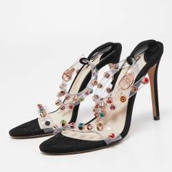 Pre Owned Sophia Webster White/Black PVC And Leather Rosalind Crystal Embellished Ankle Strap Sandals Size 39