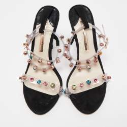 Pre Owned Sophia Webster White/Black PVC And Leather Rosalind Crystal Embellished Ankle Strap Sandals Size 39