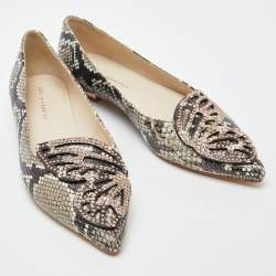 Pre Owned Sophia Webster Beige Snakeskin Embossed Leather Bibi Butterfly Pointed Toe Ballet Flats Size 38.5