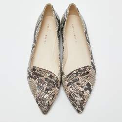 Pre Owned Sophia Webster Beige Snakeskin Embossed Leather Bibi Butterfly Pointed Toe Ballet Flats Size 38.5