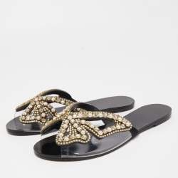 Pre Owned Sophia Webster Black Leather And PVC Madame Butterfly Flat Slide Size 37.5