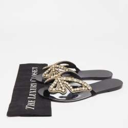 Pre Owned Sophia Webster Black Leather And PVC Madame Butterfly Flat Slide Size 37.5