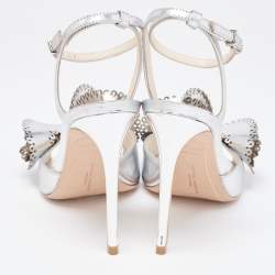 Sophia Webster Silver Foil Leather Lilico Floral Ankle Wrap Sandals Size 38.5