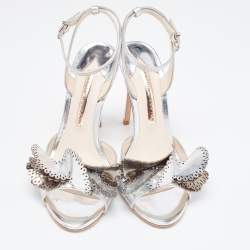 Sophia Webster Silver Foil Leather Lilico Floral Ankle Wrap Sandals Size 38.5