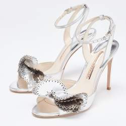 Sophia Webster Silver Foil Leather Lilico Floral Ankle Wrap Sandals Size 38.5