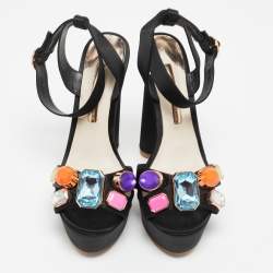 Sophia Webster Black Satin Amanda Gem Platform Sandals Size 38.5