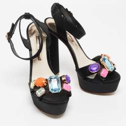 Sophia Webster Black Satin Amanda Gem Platform Sandals Size 38.5