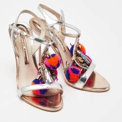 Sophia Webster Silver Laminated Leather Layla Pom Pom Embellished T-Strap Sandals Size 37.5