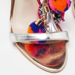 Sophia Webster Silver Laminated Leather Layla Pom Pom Embellished T-Strap Sandals Size 37.5
