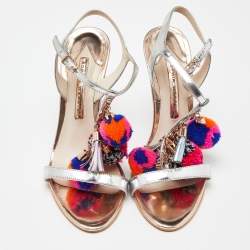 Sophia Webster Silver Laminated Leather Layla Pom Pom Embellished T-Strap Sandals Size 37.5