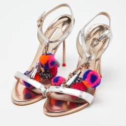 Sophia Webster Silver Laminated Leather Layla Pom Pom Embellished T-Strap Sandals Size 37.5
