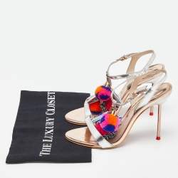 Sophia Webster Silver Laminated Leather Layla Pom Pom Embellished T-Strap Sandals Size 37.5