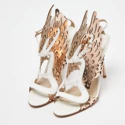 Pre Owned Sophia Webster Gold/White Leather Evangeline Laser Cut Angel Wing Ankle Strap Sandals Size 39