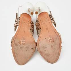 Pre Owned Sophia Webster Gold/White Leather Evangeline Laser Cut Angel Wing Ankle Strap Sandals Size 39