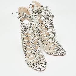 Pre Owned Sophia Webster Black/White Leopard Print Leather Lacey Tie Up Sandals Size 39