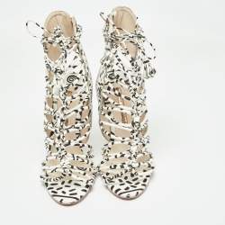 Pre Owned Sophia Webster Black/White Leopard Print Leather Lacey Tie Up Sandals Size 39