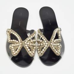 Sophia Webster Black Leather and PVC Madame Butterfly Slide Flats Size 38.5