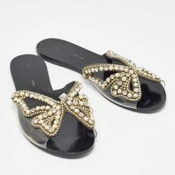 Sophia Webster Black Leather and PVC Madame Butterfly Slide Flats Size 38.5