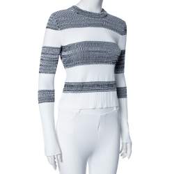 Pre Owned Sportmax White & Grey Knit Long Sleeve Cropped Crewneck Top XS