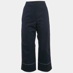 Pre Owned Sportmax Navy Blue Gabardine Cotton Contrast Trim Straight Leg Pants S