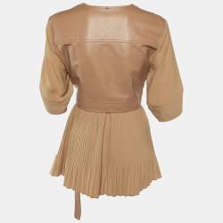 Sportmax Beige Faux Leather and Chiffon Plisse Top M