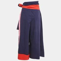 Pre Owned Sportmax Navy Blue Cotton Contrast Side Trim Wide Leg Trousers S