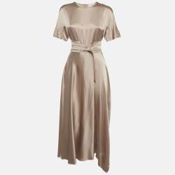 Pre Owned Sportmax Beige Satin Flared Maxi Dress L