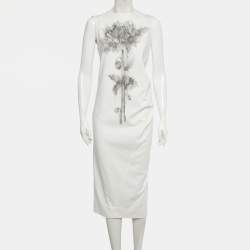 Pre Owned Sportmax White Floral Print Denim Midi Dress M