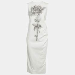 Pre Owned Sportmax White Floral Print Denim Midi Dress M