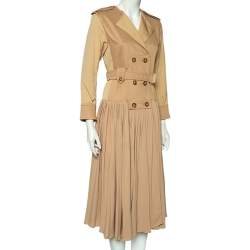 Pre Owned Sportmax Beige Cotton & Georgette Double Breasted Pleated Belted Coat S