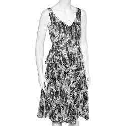 Pre Owned Sportmax Monochrome Printed Seer Sucker Overlay Detailed Sleeveless Dress S