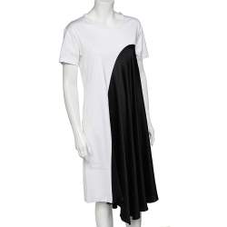 Pre Owned Sportmax Defile Monochrome Cotton Knit & Sateen Asymmetric Hem Midi Dress S
