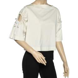 Sportmax Off White Cotton Knit Sleeve Tie Detail Crop Top S