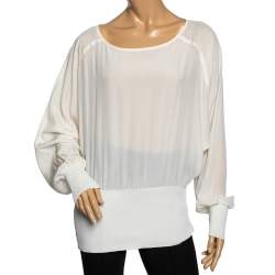Pre Owned Sportmax Off White Silk & Rib Knit Boat Neck Top L