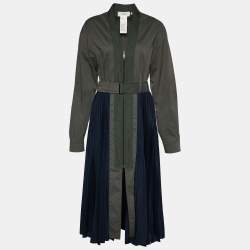 Sportmax Olive Green Cotton & Plisse Belted Midi Coat Dress M