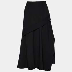 Pre Owned Sportmax Black Wool Crepe Ruffle Detail Midi Skirt M