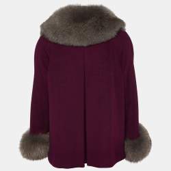 Pre Owned Sportmax Purple Wool Contrast Fox Fur Trim Double Breasted Coat L
