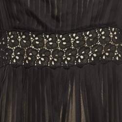 Pre Owned Sportmax Black Lace Trim Silk Pleated Midi Empire Dress L