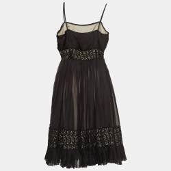 Pre Owned Sportmax Black Lace Trim Silk Pleated Midi Empire Dress L
