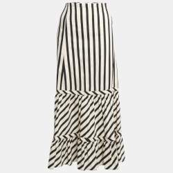 Sportmax Cream/Black Striped Cotton Blend Ruffled Maxi Skirt M